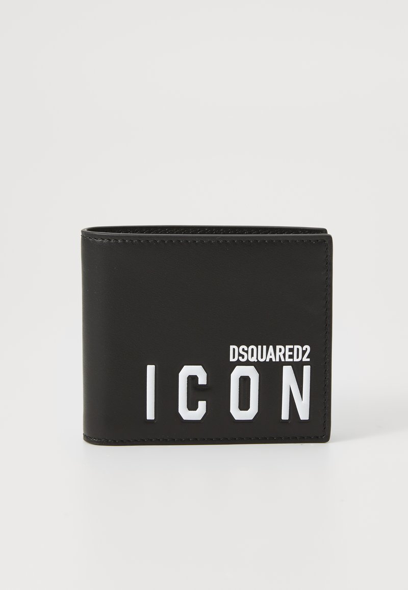 Black leather wallet with a bi-fold design. Features a white "ICON" text logo and stitching details. Smooth texture, compact shape.