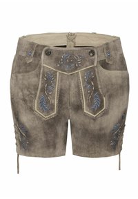 Wildleder-Shorts in einer gedämpften grauen Farbe mit blauer Blumenstickerei, zusätzlichen seitlichen Schnürungen und silbernen Hardware-Akzenten.