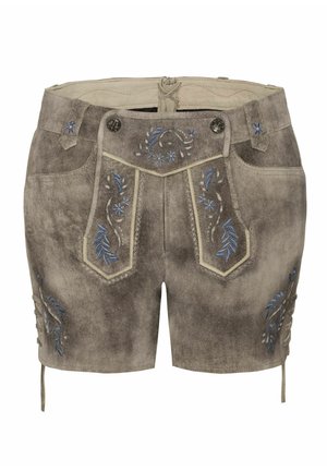 Wildleder-Shorts in einer gedämpften grauen Farbe mit blauer Blumenstickerei, zusätzlichen seitlichen Schnürungen und silbernen Hardware-Akzenten.