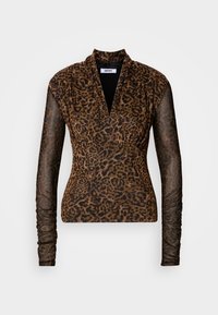 Bluzica s uzorkom leoparda, s dubokim V-izrezom, dugim prozirnim rukavima i nabranim detaljima u struku, u smešnim i crnim nijansama.