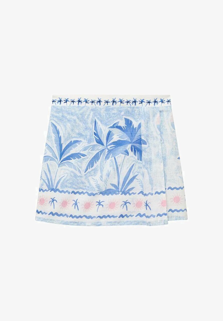 Modra in bela kratka krila z eksotičnim vzorcem palm, teksturirano tkanino in dekorativnim robom z rožnatimi sončnimi in valovitimi vzorci.