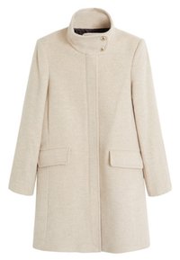 Manteau beige en mélange de laine avec un col montant, deux fermetures à boutons, deux poches avant et une coupe droite. Texture lisse et détails minimalistes.