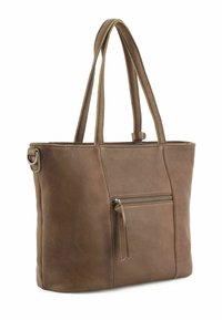 Bruine leren tote bag met twee handvatten aan de bovenkant, een ritsvak aan de voorkant en een gladde textuur; rechthoekige vorm met stiksels.