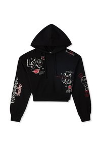 Felpa corta nera con cappuccio, caratterizzata da design e testi ricamati in bianco e rosso, tra cui un gatto, delle labbra e decorazioni floreali.