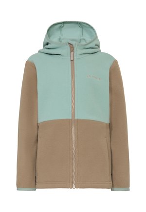 Kapuzensweatjacke mit hellblauen oberen und beigen unteren Abschnitten, Frontreißverschluss und Seitentaschen.