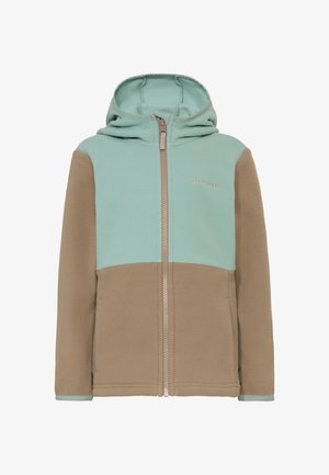Hooded fleecejack met lichtblauwe bovenkant en beige onderkant, voorzien van een ritssluiting aan de voorkant en zijzakken.