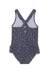 Marinblå baddräkt med blommigt mönster, korsettsryggdesign och en volangkjol. Tillverkad av stretchigt material, med en rosa logotypdetalj.
