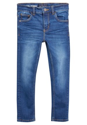 Jean skinny bleu avec poches à l'avant, fermeture par boutons et détails de finition délavée.
