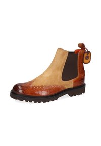 Braune Wildleder- und Krokodilprägung Leder-Ankle Boots mit elastischen Seitenpaneelen und einer strukturierten Gummisohle. Mit einem dekorativen Anhänger.