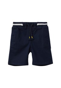 Pantaloni corti blu navy con una cintura elastica, caratterizzati da strisce bianche e grigie, cordoncino regolabile e tasche laterali. Tessuto in cotone.