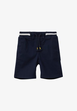 Granatowe szorty z elastycznym pasem, z białymi i szarymi paskami, regulowanym sznurkiem i bocznymi kieszeniami. Materiał bawełniany.