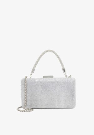 Silver clutch bag with textured rhinestone exterior, rectangular shape, chain and beaded handle, and metallic clasp closure.