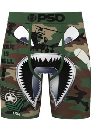 Boxers con estampado de camuflaje y un diseño gráfico de boca de tiburón, cinturilla verde y texto impreso. Fabricados con tejido elástico para mayor comodidad.