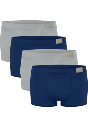 Herrboxershorts i ett paket med fyra: två grå och två marinblå. Slät bomullstyg, smal midjeband med logotyp, åtsittande passform och längd till mitten av låret.