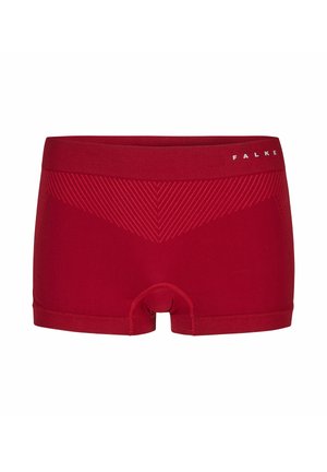 Rote nahtlose Boxershorts mit strukturiertem Chevronmuster und "FALKE"-Logo auf der rechten Seite des Bundes.