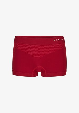 Rote nahtlose Boxershorts mit strukturiertem Chevronmuster und "FALKE"-Logo auf der rechten Seite des Bundes.