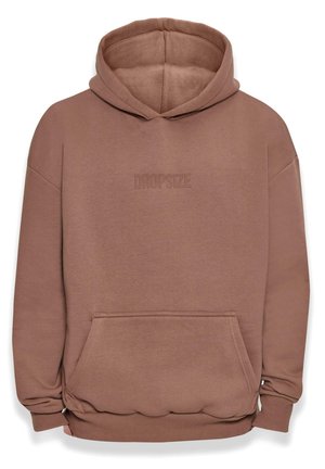 Felpa marrone realizzata in morbidissimo tessuto di misto cotone, con tasca frontale, polsini a costine, cappuccio regolabile e logo "DROPSIZE" in rilievo.