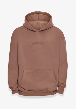 Felpa marrone realizzata in morbidissimo tessuto di misto cotone, con tasca frontale, polsini a costine, cappuccio regolabile e logo "DROPSIZE" in rilievo.