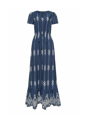 Robe longue bleu marine à manches courtes, broderie florale verticale blanche, taille à cordon et ourlet festonné avec motifs blancs complexes.