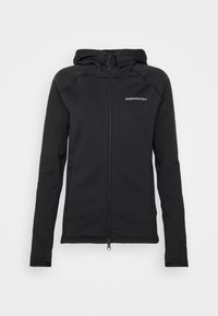 Sudadera con cremallera negra hecha de tejido texturizado, con cremallera frontal, dos bolsillos laterales y capucha. Presenta un logo en el pecho.