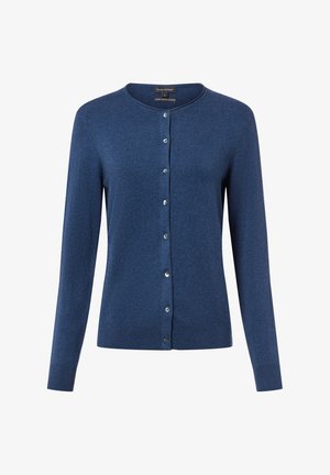 Marineblauwe cardigan van biologisch katoen, met een ronde hals, lange mouwen en knoopsluiting met zilverkleurige knopen.