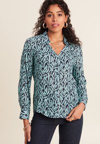 Overhemd met knoopsluiting, voorzien van een abstract patroon in blauw en groen, lange mouwen, een kraag en een relaxed fit, gemaakt van lichte stof.