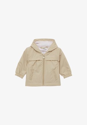 Beige leichte Jacke mit Kapuze, elastischen Ärmeln, Reißverschluss vorne und zwei Seitentaschen; das Innenfutter hat ein gestreiftes Muster.