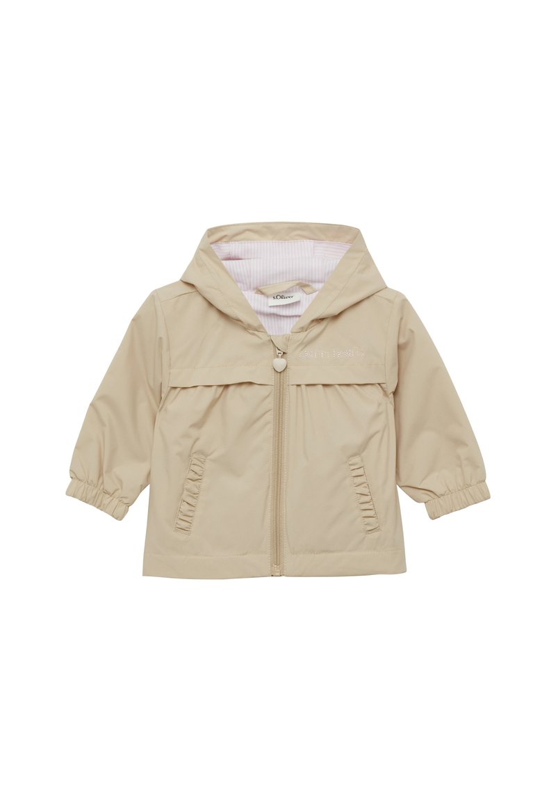 Beige leichte Jacke mit Kapuze, elastischen Ärmeln, Reißverschluss vorne und zwei Seitentaschen; das Innenfutter hat ein gestreiftes Muster.