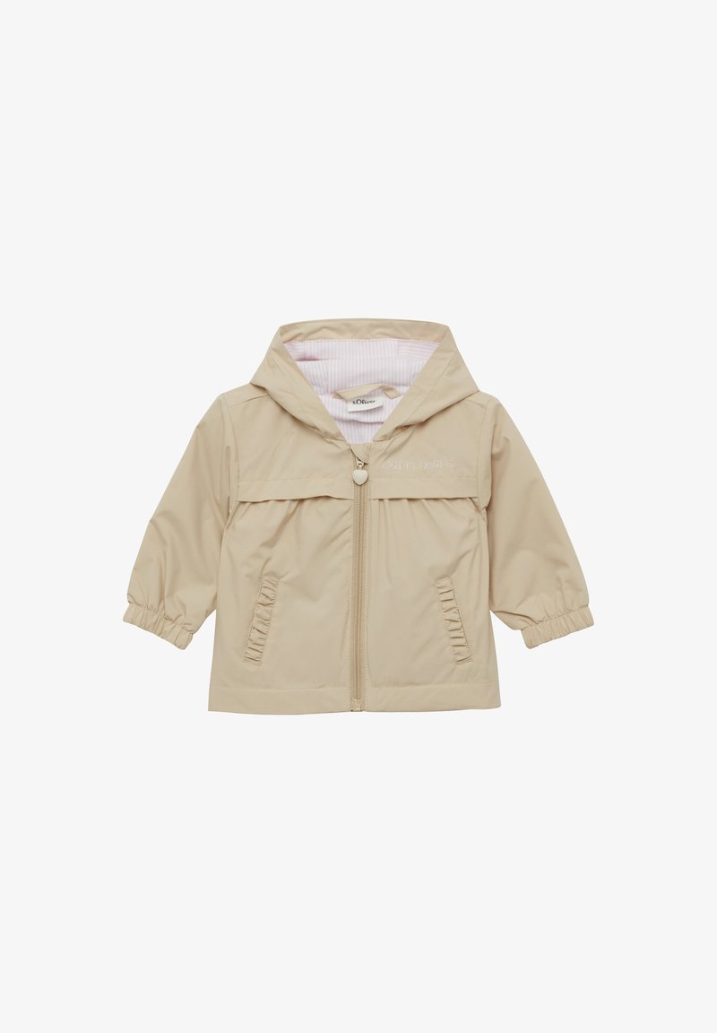 Beige leichte Jacke mit Kapuze, elastischen Ärmeln, Reißverschluss vorne und zwei Seitentaschen; das Innenfutter hat ein gestreiftes Muster.