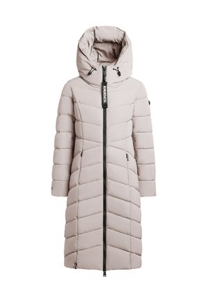 Světlá béžová nafouknutá bunda s kapucí, se zapínáním na přední zip, chevronovým vzorem a černým logem na zipu.