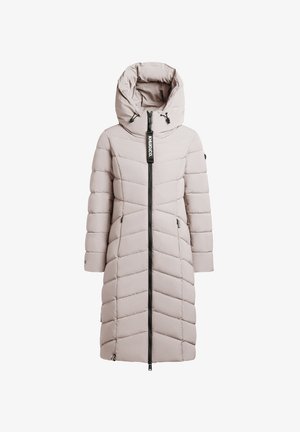 Doudoune beige clair avec capuche, dotée d'une fermeture éclair sur le devant, d'un motif en chevrons et d'un détail logo noir sur la fermeture.