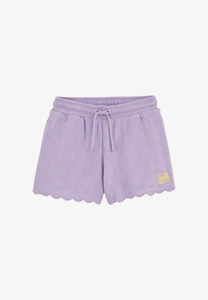 Kratke hlače iz lilasto rožnatega frotirja z obrobljenimi robovi, elastičnim pasom, vrvico za zavezovanje, stranskimi žepi in majhno rumeno obližem na levi nogi.