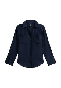 Camicia blu navy con bottoni realizzata in tessuto morbido, dotata di due tasche sul petto, maniche lunghe con polsini a bottone e un design di colletto classico.
