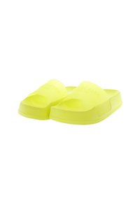 Bright yellow sandals with a smooth, glossy finish. Featuring a wide, flat strap design and textured surfaces for grip.