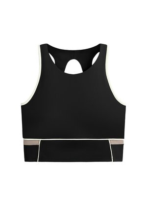 Čierna športová podprsenka s dizajnom racerback so svetlými a béžovými ozdobami pozdĺž lemu a strán.