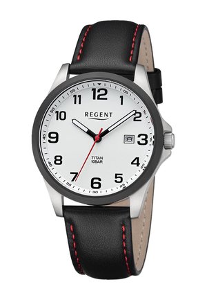 Titanium-Uhr mit weißem Zifferblatt, schwarzen Ziffern und roten Akzenten. Verfügt über ein schwarzes Lederarmband mit roten Nähten und einer Datumsanzeige.