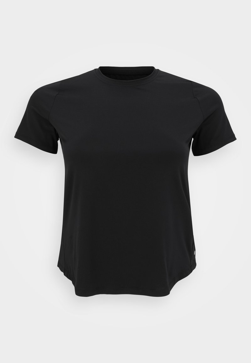 Czarny t-shirt z krótkim rękawem, wykonany z gładkiego, lekkiego materiału. Okrągły dekolt, luźny krój oraz boczne wstawki zapewniające swobodę ruchów.