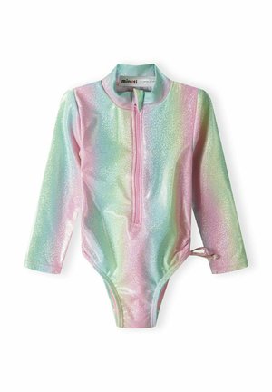 Maillot de bain à manches longues coloré, fabriqué en tissu scintillant et irisé, dans des teintes de rose et de vert. Il possède une fermeture éclair à l'avant et un lien ajustable sur le côté.