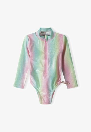 Šareno kupaćeg odijelo dugih rukava izrađeno od sjajnog, iridescentnog materijala u ružičastoj i zelenoj boji. Sadrži prednji patentni zatvarač i podesivu vezicu sa strane.