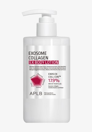 Fles Exosome Collagen EX bodylotion met pompdispenser, 300 ml, met 17,9% EXOS EX COLL CENT en belangrijke verzachtende en hydraterende voordelen.