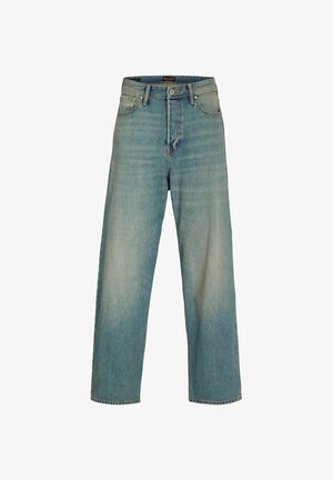 Kergelt sinine teksapüksid kõrge talje, laia sääre lõike ja veidi kulunud tekstuuriga. Omab viit taskut ja lukuga sulgemist.