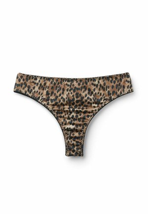 String imprimé léopard avec texture lisse, ceinture noire bordée et détails de couture. Fabriqué en tissu extensible pour le confort.