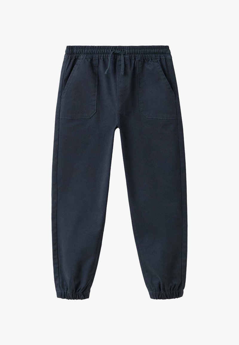 Pantalon de jogging bleu marine foncé avec taille élastique, cordon de serrage, poches avant inclinées et poignets élastiques aux chevilles.