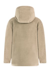 Beige fleecetrui met een zachte textuur, voorzien van een capuchon, lange mouwen en een rechte pasvorm, ontworpen voor comfort en warmte.