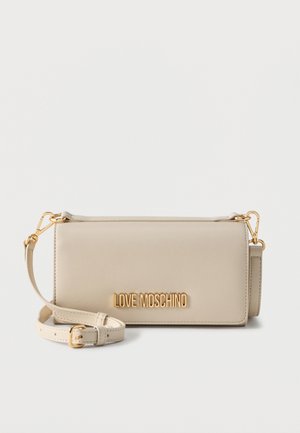 Beige rectangular leather crossbody bag with gold "LOVE MOSCHINO" logo and adjustable strap with gold-tone hardware on white background.