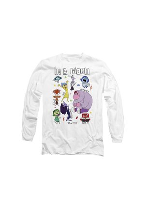 White long-sleeve shirt featuring colorful cartoon characters with varied expressions and text "IN A MOOD," against a plain background.