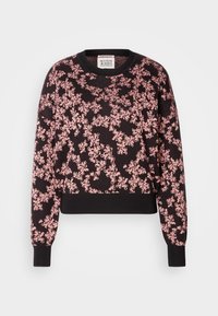 Črn pulover z rožnatim cvetličnim vzorcem, okrogel ovratnik, dolgi rokavi ter rebrasti manšeti in spodnji rob. Mehka tkanina z teksturiranim dizajnom.