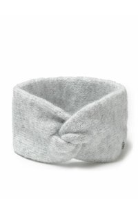 Fascetta grigia lavorata a maglia con design a nodo intrecciato, realizzata in un materiale morbido e testurizzato. Accentuata da un piccolo etichetta con logo su un lato.