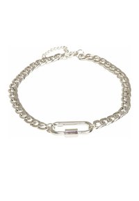 Bracelet en chaîne argentée avec un design à maillons épais, doté d'un fermoir ovale allongé et d'une petite pierre accentuée de couleur violette.
