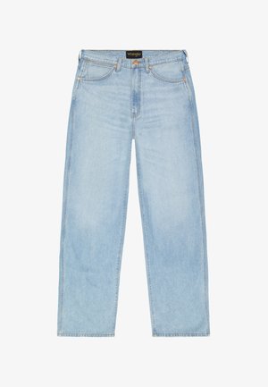 Lichtblauwe Wrangler-jeans met een rechte pijp, vijf zakken, koperen klinknagels en een logo leren patch bij de tailleband.